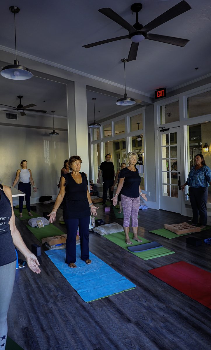 a group of people standing on mats in a room